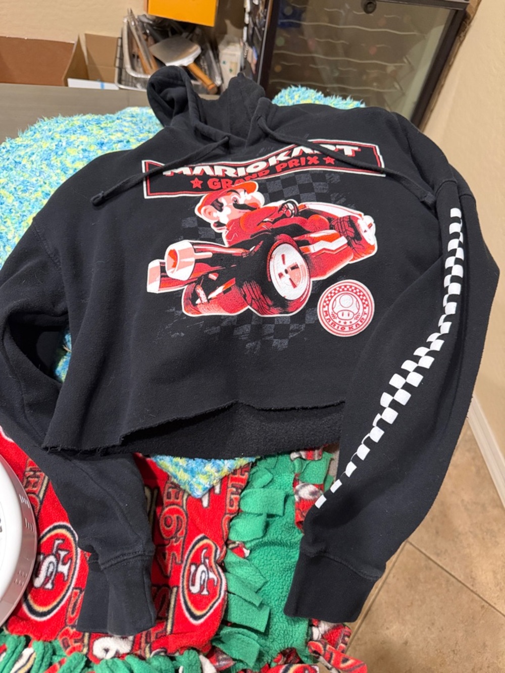 Nintendo Black & Red Mario Kart Crop Hoodie with Checkered Sleeve